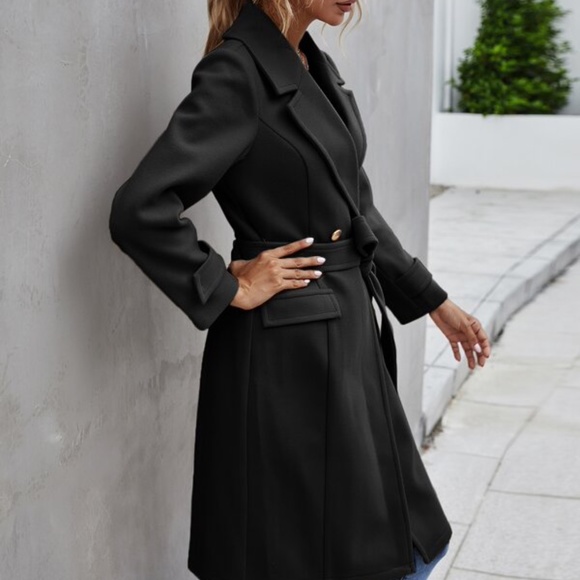 Cozy Black Button up Trench Pea Coat Minimalist - Picture 14 of 14